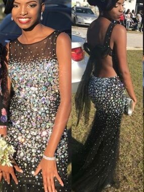 Glow dress Black Crystal-Embellished Open-Back Prom Dress bedazzled rhinestone